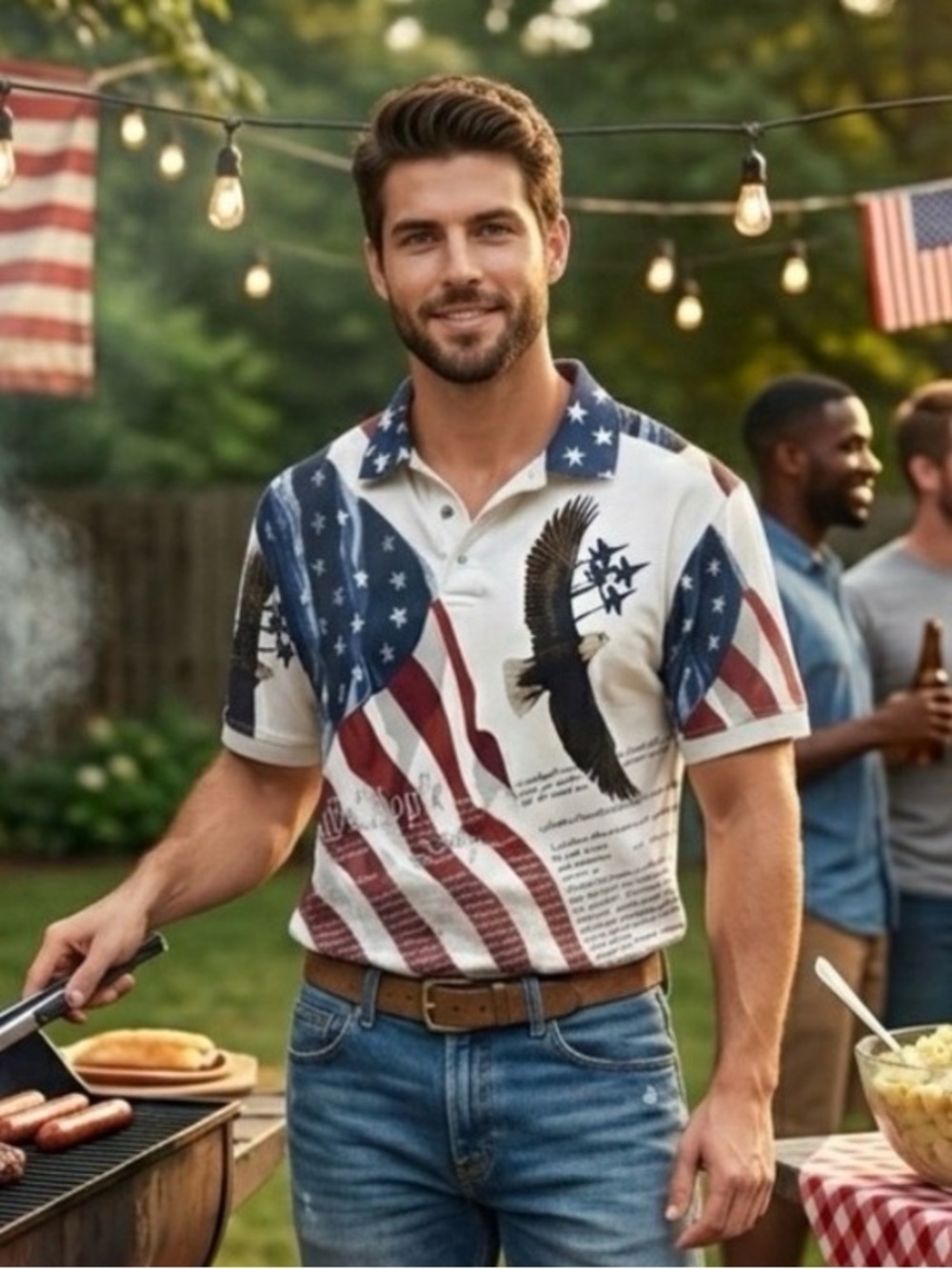 100% Cotton American Summer‎ Patriotic Eagle & Flag Graphic Polo - USA- Large